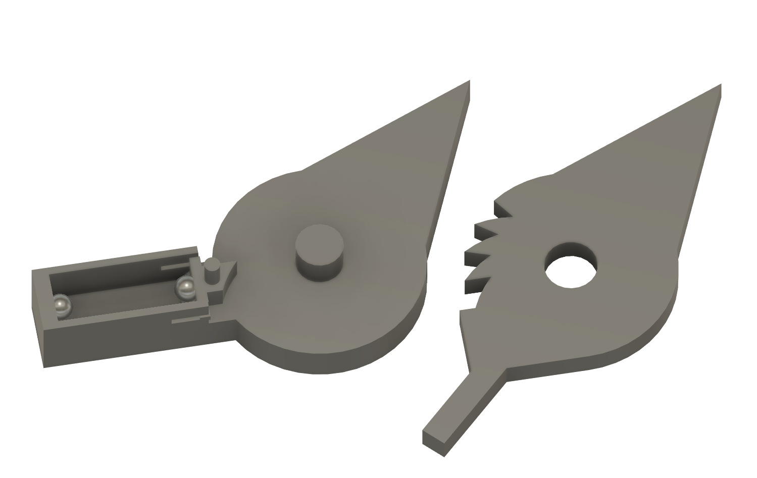 Close-up CAD model showing ratcheting mechanism parts