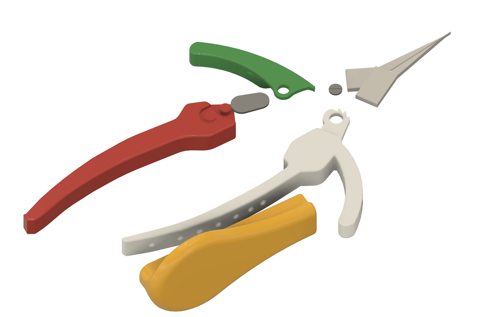 Exploded CAD render showing the final pruning tool parts and ratcheting components