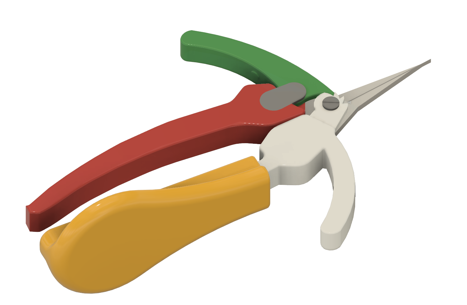 Assembled CAD render showing the final pruning tool with ratcheting mechanism