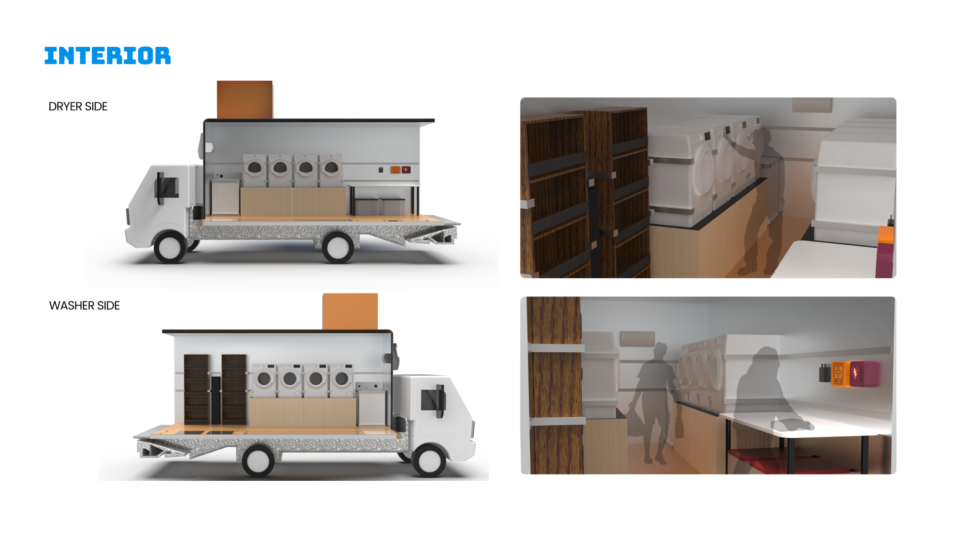 Interior renders of the Fresh Start mobile laundry bus