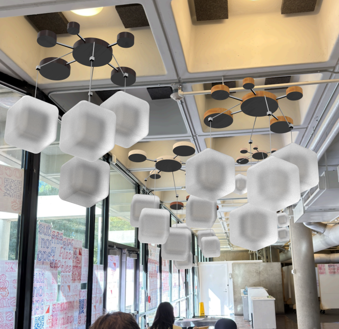 Overhead interactive exhibit render with suspended cubes