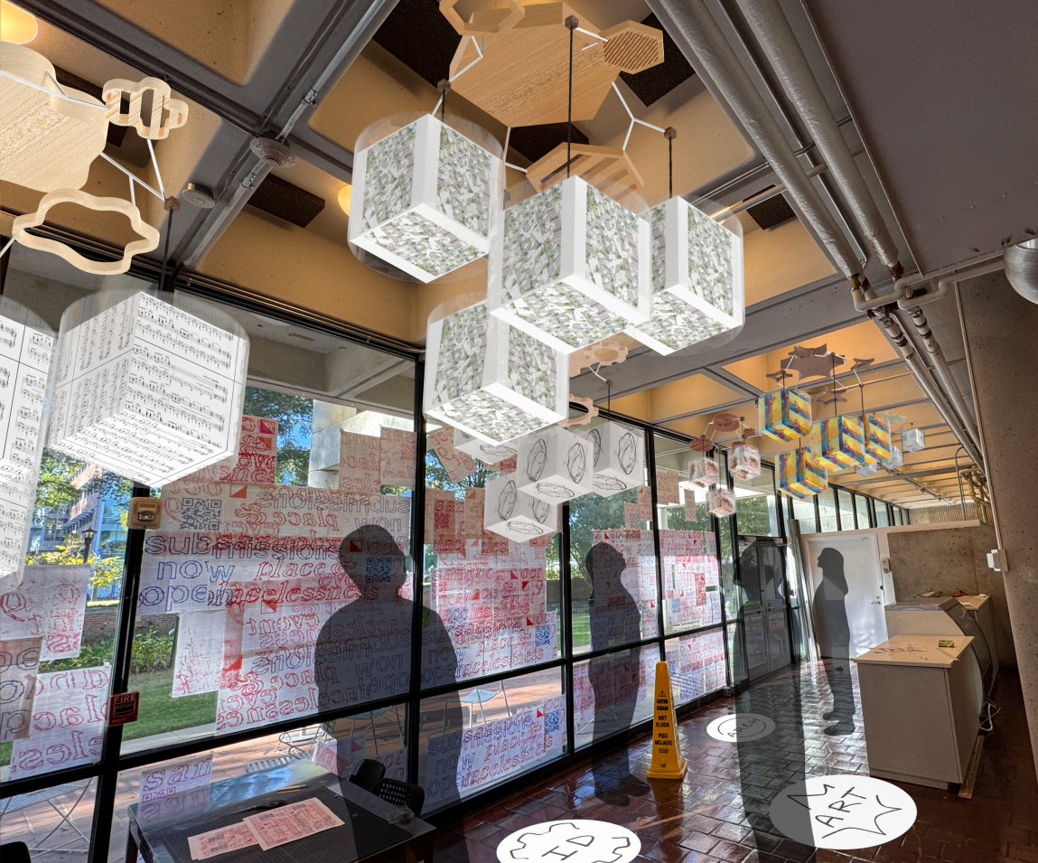 Detailed overhead exhibit render with hanging project cubes