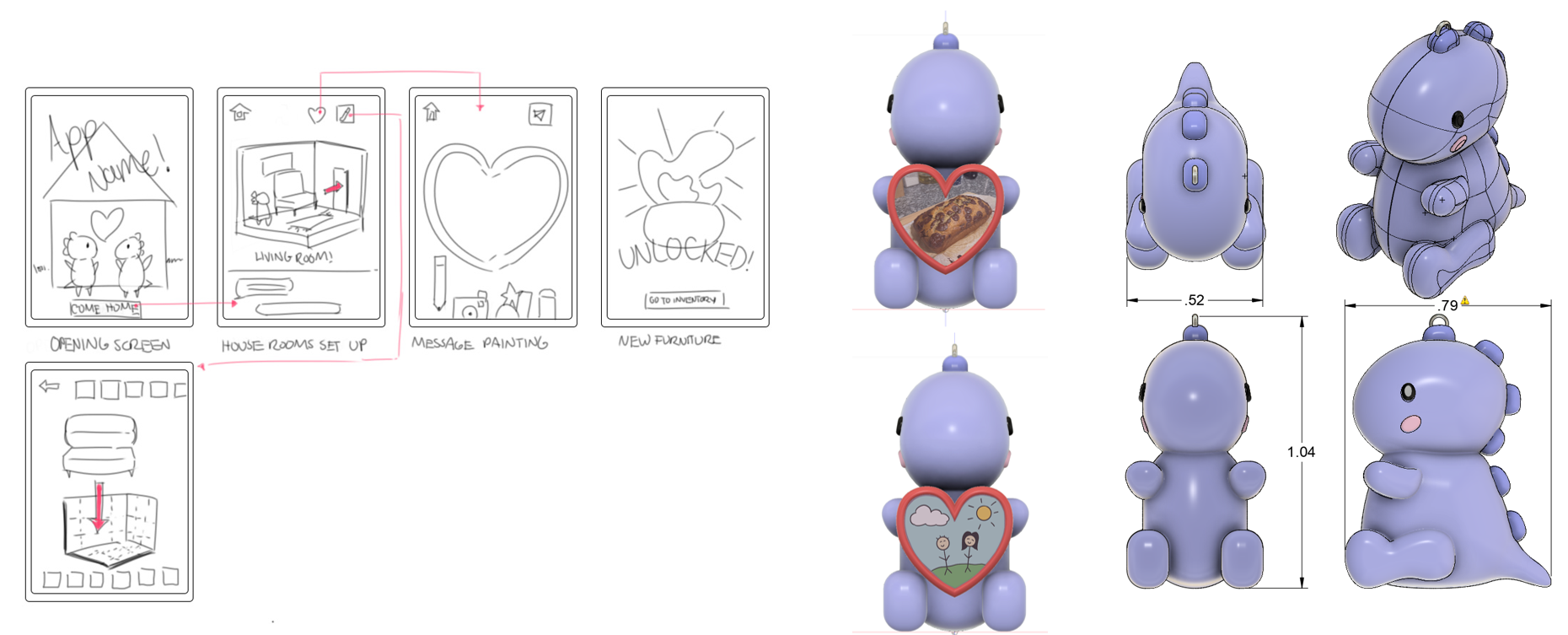 R U Home concept development showing app screens and phone charm CAD