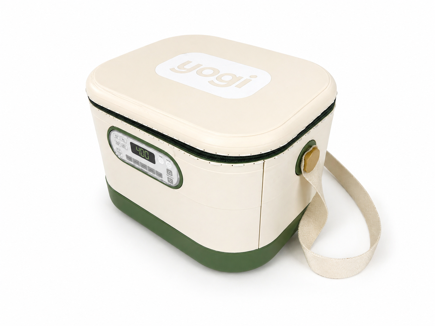 Physical Yogi prototype showing the soft lunchbox form, strap, lid branding, and front control panel