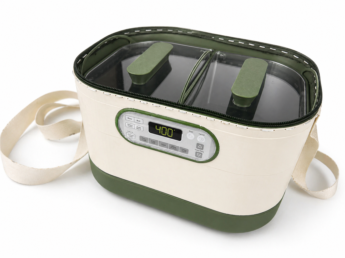 Physical Yogi prototype opened to show the removable internal cooking containers
