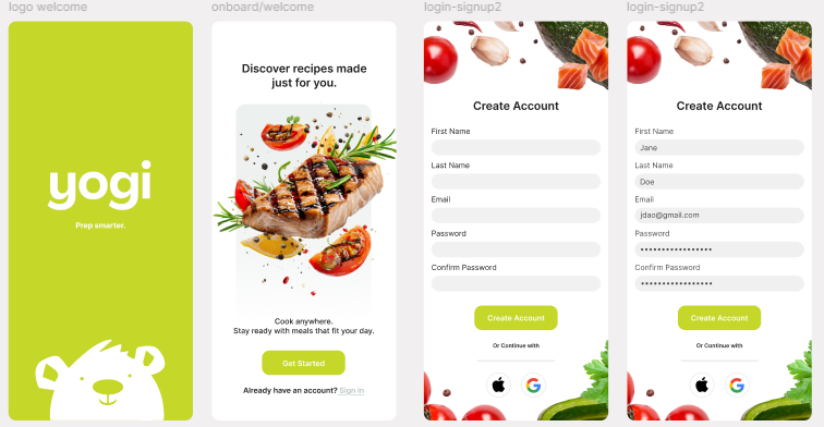 High fidelity Yogi app onboarding and home screens