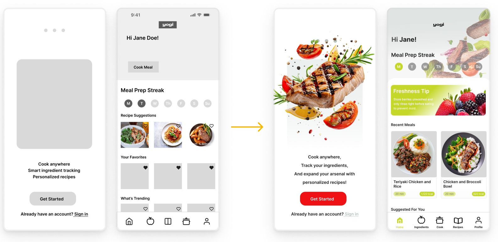 Refined Yogi app screens after user feedback