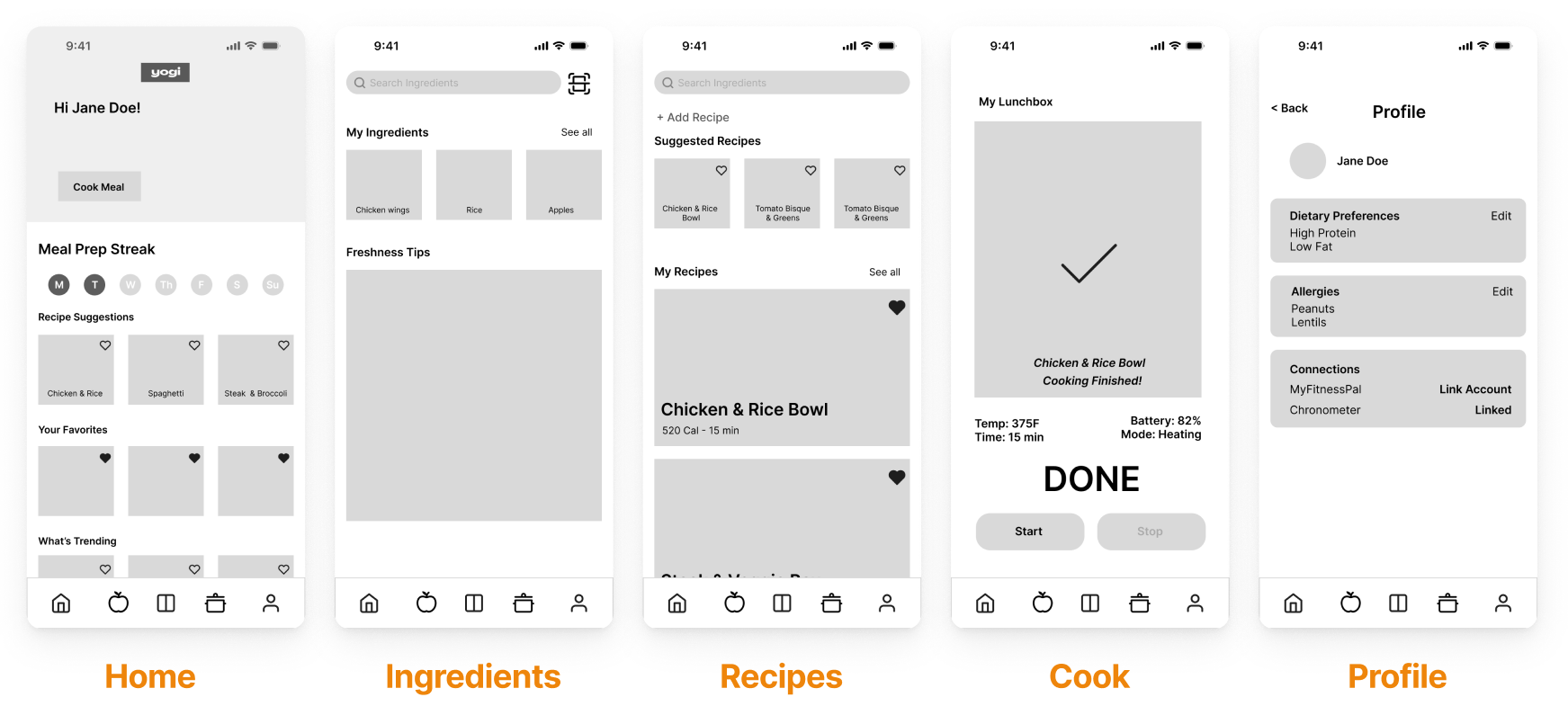 Mid fidelity Yogi app screen set