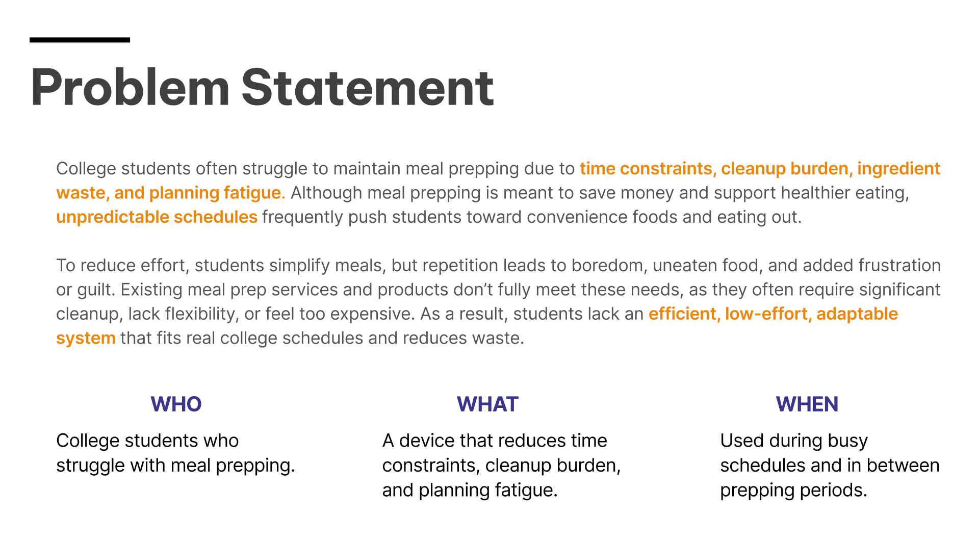 Yogi problem statement about college meal prep barriers